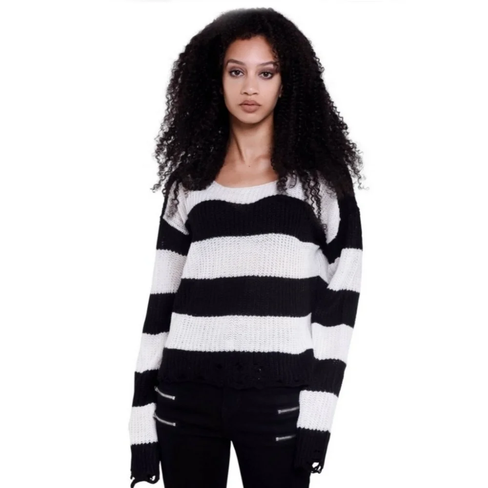 🆕️🆑️ Killstar Casey Knit Sweater | Black / White Stripes Unisex Distressed - Picture 4 of 7